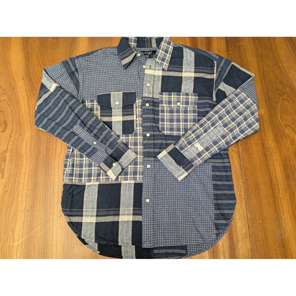 Ralph Lauren LRL Blue Patchwork Plaid Button Up Shirt Women's S Linen Blend
